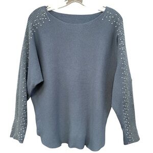 Vila Milano M/L Blue Metal Stud Batwing Sweater Viscose Blend Rib Knit Top